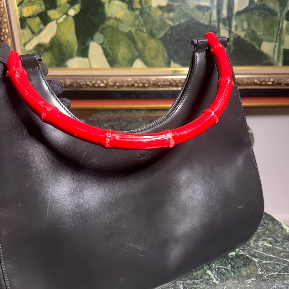 Gucci Black Leather Hobo Bag with Red Bamboo Handles 001 3739 - Picture 5 of 11